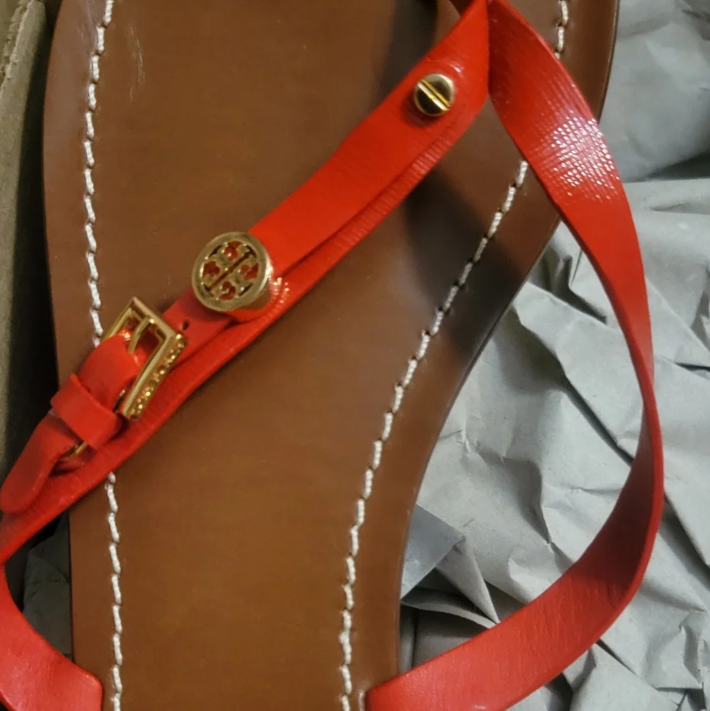 Tory Burch Red Leather Double-Strap Thong Sandals with Gold Logo